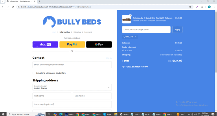 A screenshot of Bully Bed checkout page of working coupon code 