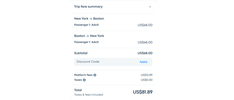 A screenshot of busbud checkout page showing a working coupon code 