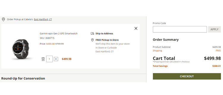 A screenshot of cabela's checkout page showing a working coupon code