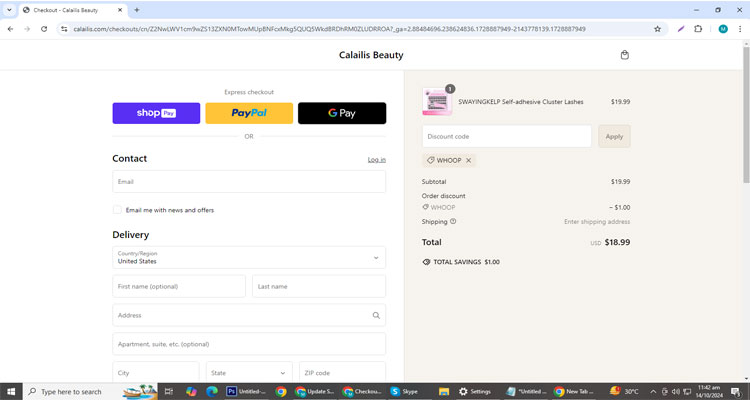 A screenshot of Calailis Beauty checkout page of working coupon code