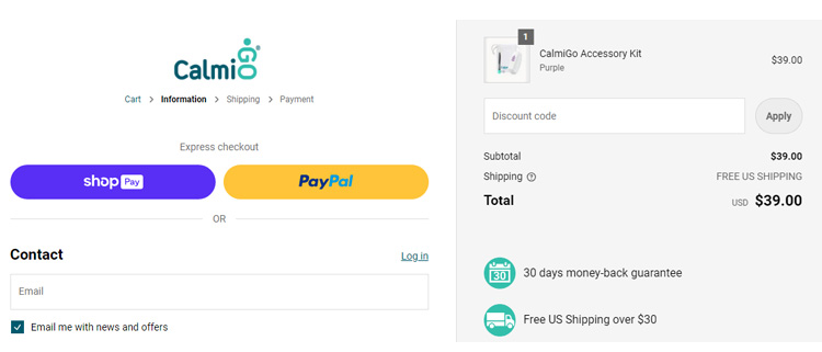 A screenshot of calmigo checkout page showing a working coupon code 