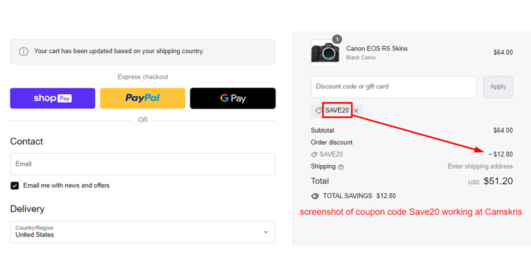 A screenshot of Camskns checkout page with a working coupon code