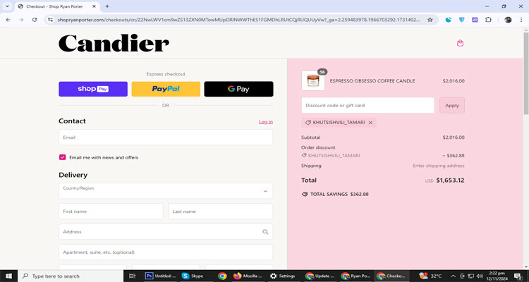 A screenshot of Candier checkout page of working coupon code 