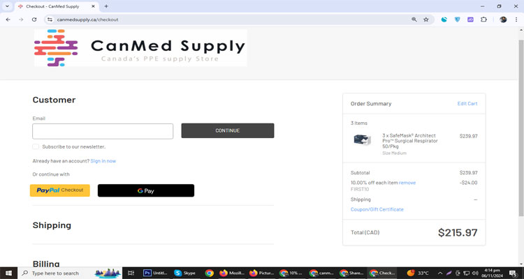 A screenshot of Canmedsupply checkout page of working coupon code 