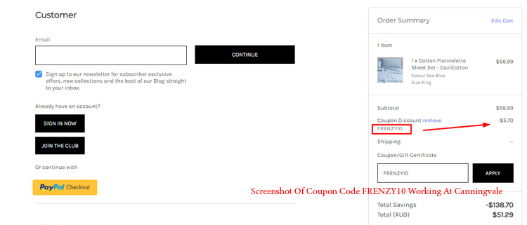 A screenshot of canningvale checkout page showing a working coupon code 