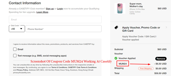 A screenshot of casetify checkout page showing a working coupon code