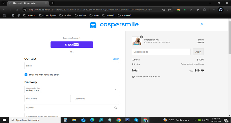 A screenshot of the Caspersmile checkout page with a working discount code