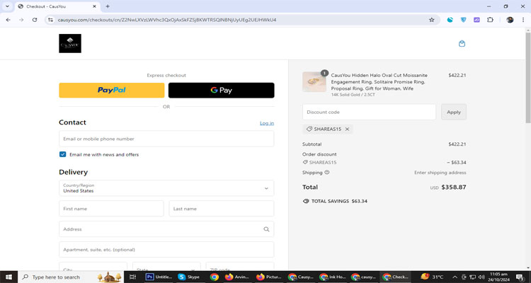 A screenshot of Causyou checkout page of working coupon code