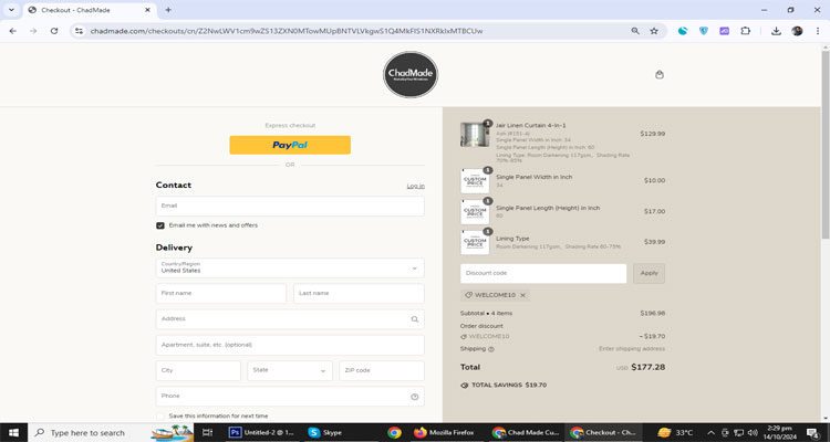 A screenshot of Chad Made Curtains checkout page of working coupon code