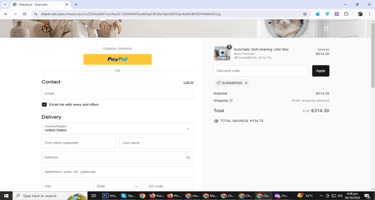 A screenshot of Charmkit Pet Supplies checkout page of working coupon code 