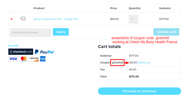  A screenshot of Check My Body Health France checkout page with a working coupon code