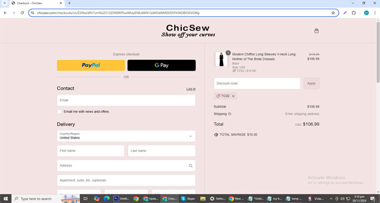 A screenshot of Chicsew checkout page of working coupon code 