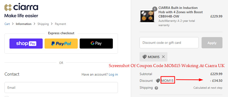 A screenshot of ciarra uk checkout page showing a working coupon code