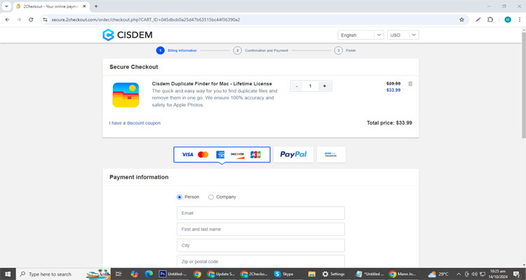 A screenshot of Cisdem checkout page of working coupon code