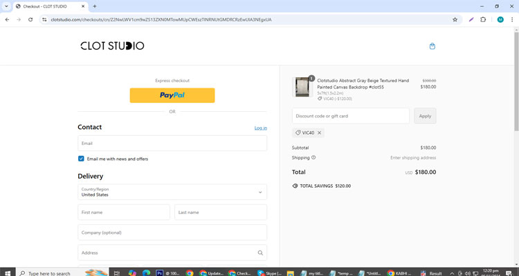 A screenshot of Clotstudio checkout page of working coupon code 