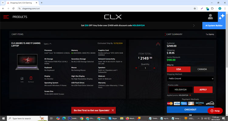 A screenshot of Clx Gaming checkout page of working coupon code