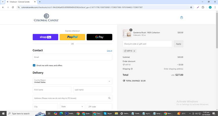 A screenshot of Colonial Candle checkout page of working coupon code 