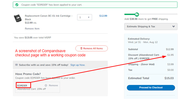 A screenshot of Compandsave checkout page with a working coupon code