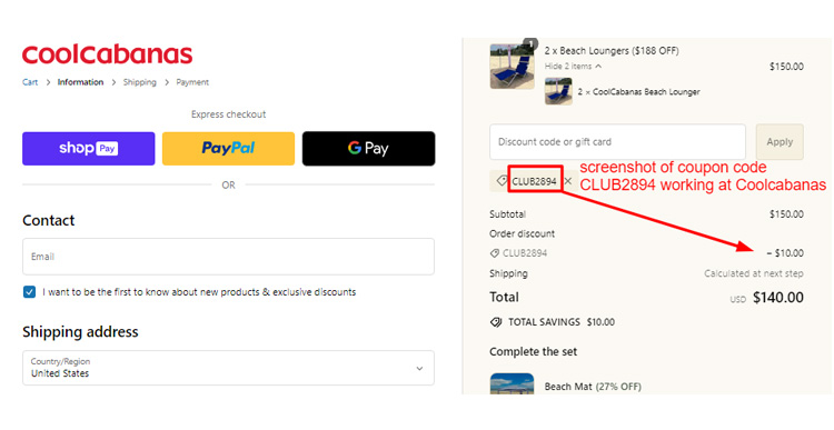A screenshot of Coolcabanas checkout page with a working coupon code