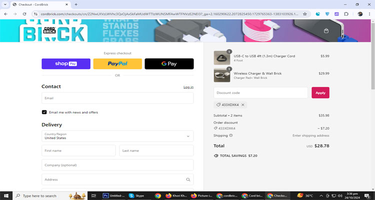 A screenshot of Cordbrick checkout page of working coupon code 