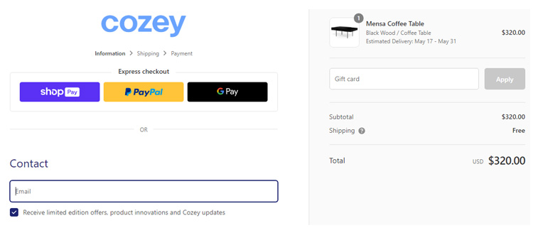 A screenshot of cozey checkout page showing a working coupon code