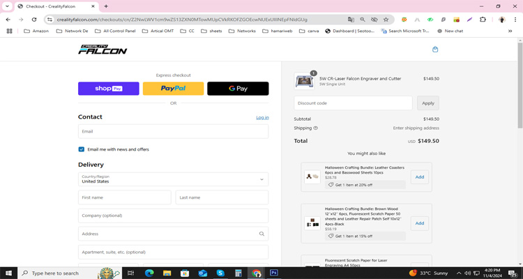 A screenshot of the creality falcon checkout page with a working discount code