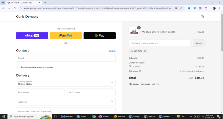 A screenshot of Curls Dynasty checkout page of working coupon code 