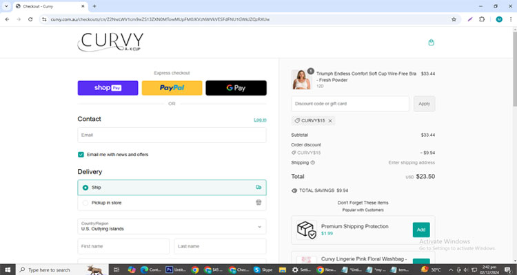 A screenshot of Curvy checkout page of working coupon code 