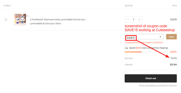 A screenshot of Cuteeeshop checkout page with a working coupon code