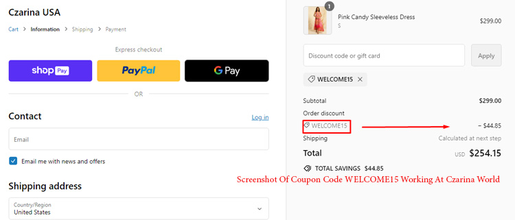 A screenshot of czarina world checkout page showing a working coupon code 