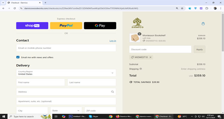 A screenshot of dannico woodworks checkout page of working coupon code 