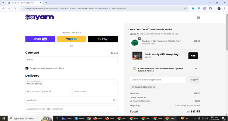 A screenshot of Darn Good Yarn checkout page of working coupon code 
