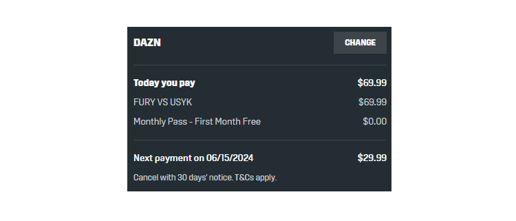 A screenshot of dazn checkout page showing a working coupon code 