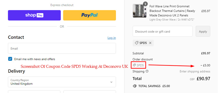 A screenshot of deconovo uk checkout page showing a working coupon code