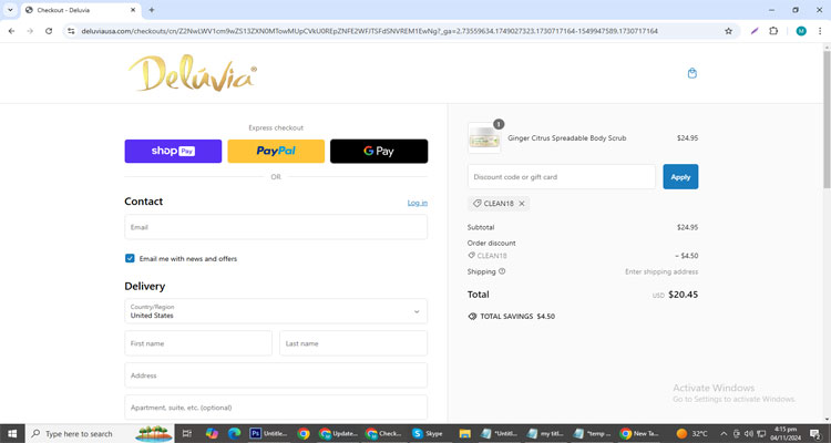 A screenshot of Deluvia checkout page of working coupon code 