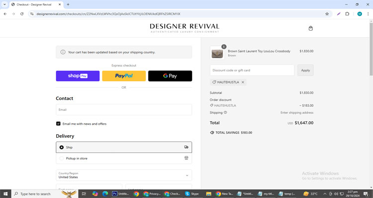 A screenshot of Designer Revival checkout page of working coupon code 