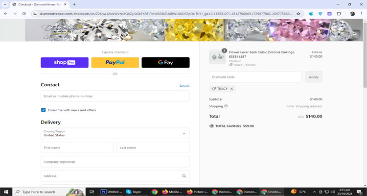 A screenshot of Diamond Veneer checkout page of working coupon code 