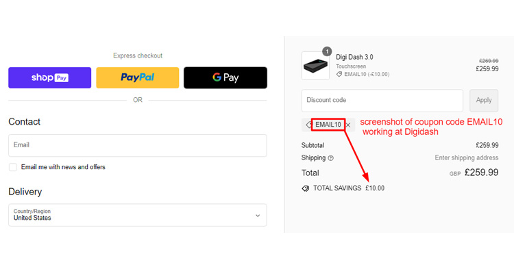 A screenshot of Digidash checkout page with a working coupon code