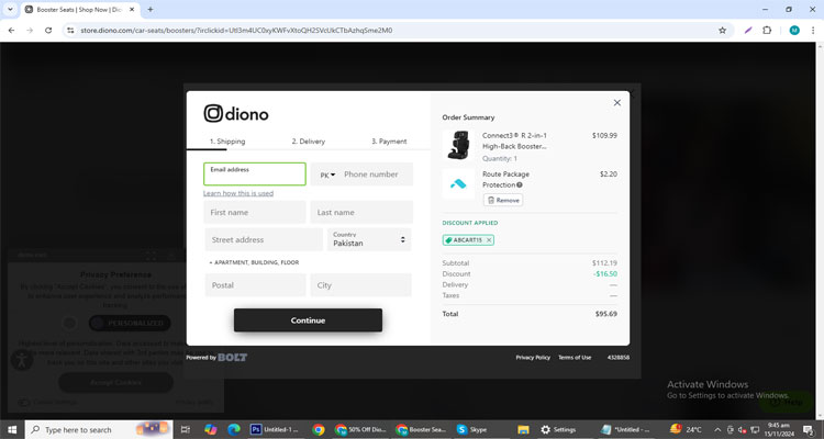 A screenshot of Diono checkout page of working coupon code 