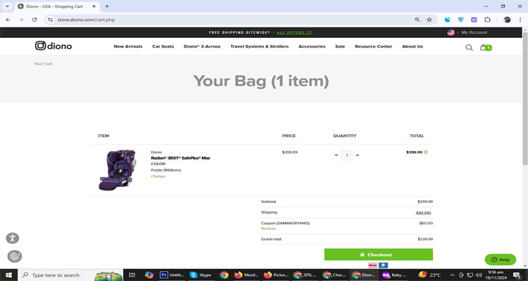 A screenshot of Diono checkout page of working coupon code 