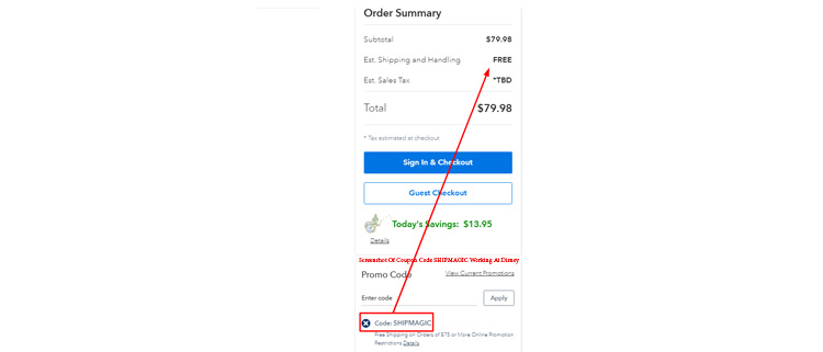 A screenshot of disney checkout page showing a working coupon code