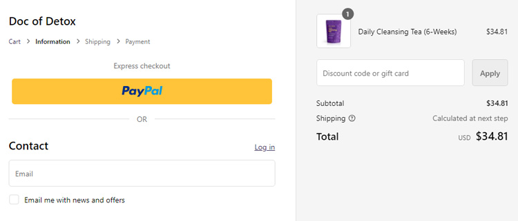 A screenshot of doc of detox's checkout page showing a working coupon code