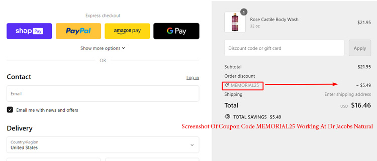 A screenshot of dr jacobs natural checkout page showing a working coupon code