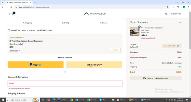 A screenshot of Dreamcloud checkout page of working coupon code 