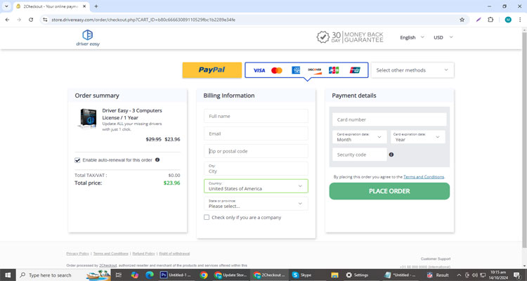 A screenshot of Driver Easy checkout page of working coupon code