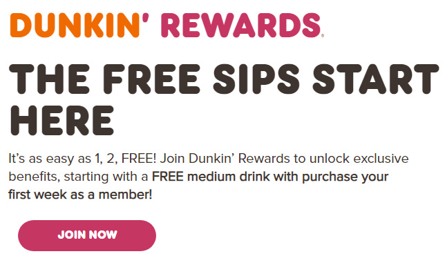 A screenshot of dunkin dounts free rewards offer