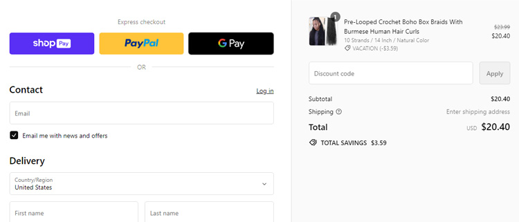 A screenshot of eayon hair checkout page showing a working coupon code 