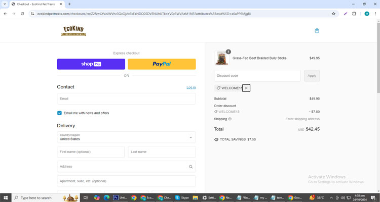 A screenshot of Ecokind Pet Treats checkout page of working coupon code 