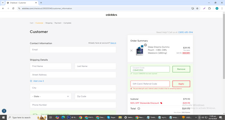 A screenshot of Edobles checkout page of working coupon code 