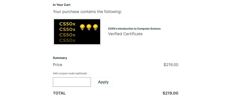 A screenshot of edX Global checkout page showing a working coupon code 